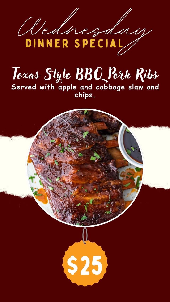 Featured image for “Savor the midweek magic with our Wednesday Dinner Special: Texas Style BBQ Pork Ribs served with apple & cabbage slaw and crispy chips — all for just $25”
